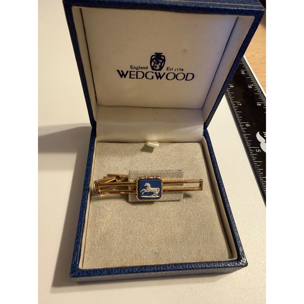 Wedgwood Blue Jasperware Horse Tie Bar Gold Tone Made in England with Box